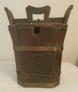 Antique Primitive Chinese Octagonal Wood Rice Grain Bucket With Handle And Cover