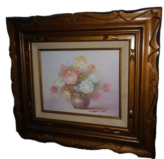 Vintage Oil On Wood Painting Framed Mcm Floral Flowers Signed Robert Cox