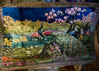 Vintage Peacock Tapestry Wall Hanging Bright Colors 73 X 49 Pond Swans Lily Pads