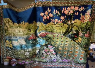 Vintage Peacock Tapestry Wall Hanging Bright Colors 73 x 49 Pond Swans Lily Pads 2