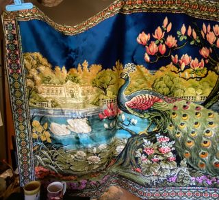 Vintage Peacock Tapestry Wall Hanging Bright Colors 73 x 49 Pond Swans Lily Pads 3