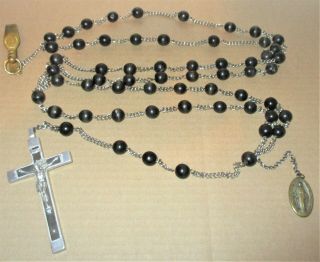 Antique Nun 52 " Rosary Wood Beads Black Silver Crucifix France Brass Clip Medal
