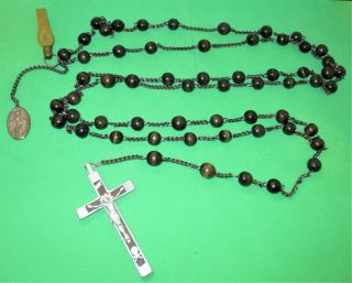 Antique Nun 53 " Rosary Wood Beads Skull & Cross Bones Crucifix Brass Clip Medal