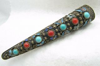 Antique Chinese Silver Enamel Finger Nail Guard 3 1/2 " Brooch Pin