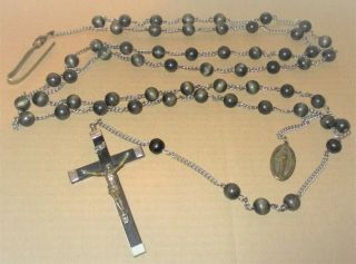 Antique Nun 54 " Rosary Wood Beads Black Ebony Crucifix Italy Brass Clip & Medal