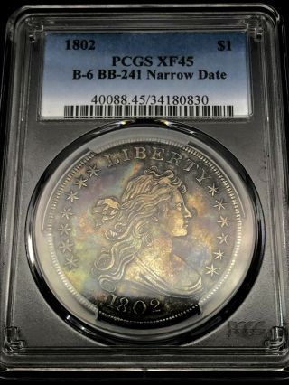 1802 $1 Draped Bust Dollar Pcgs Xf45 Toned Rare Us Coin B - 6 Bb - 241 Narrow Date