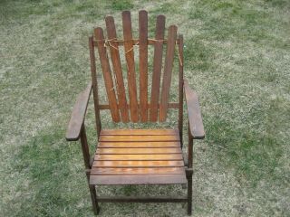 Antique All Wood Lawn Folding Patio Beach Deck Brown Yard Chair