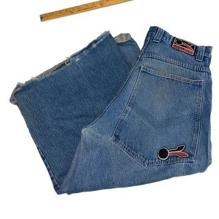 Vintage Kikwear Jeans Rave Pants Hemmed Thrashed Sun 36 " Waist Button Fly Kik1