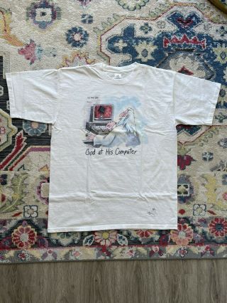 Vintage 90s The Far Side God At The Computer Xl White Shirt