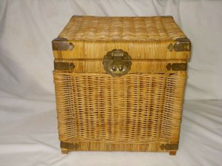 Vtg Wicker Rattan Trunk Cube 16” Storage Chest Brass Decorative Hardware Boho