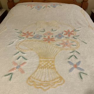 Vintage White Chenille Bedspread Basket Of Flowers 92 " X 99 "