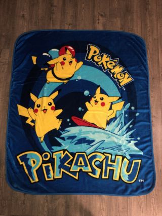 Vintage Pokemon Surfing Pikachu Royal Blue Plush Blanket Throw Northwest Company