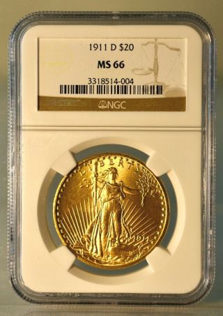 1911 D $20 St Gaudens Double Eagle Gold Coin Ngc Ms66