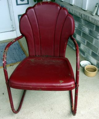 Vintage Metal Clam Shell Back Motel Chair Lawn Patio Bouncer Frame Chippy Red
