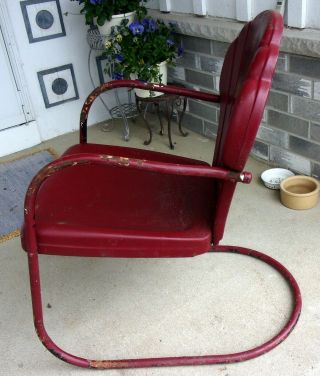 Vintage Metal Clam Shell Back Motel Chair Lawn Patio Bouncer Frame Chippy red 3
