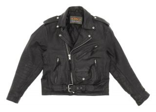 Vintage Unik Black Leather Motorcycle Jacket S Small Mens 40 Belted Biker Coat