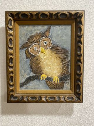 Framed Vintage Oil Painting On Canvas Of A Whimsical Owl
