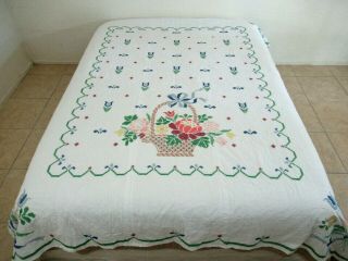 Vintage Finished All Cotton Cross Stitch Flower Basket & Tulips Hand Sewn Quilt