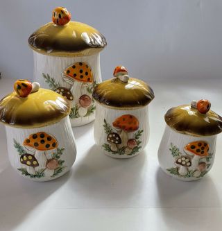 Vintage Ceramic Merry Mushroom Canisters Set Of 4 Sears Roebuck And Co - 8343