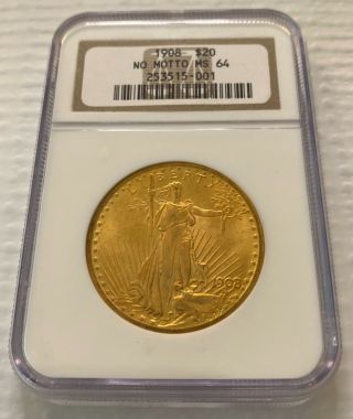 1908 No Motto $20 St Gaudens Double Eagle Ms64 Ncg