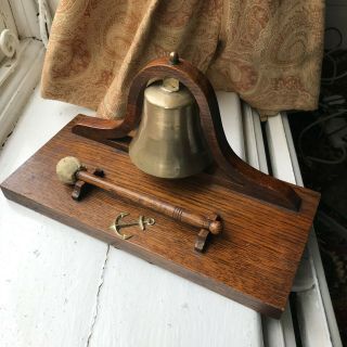 Old Antique Brass And Oak Wooden Ships Anchor Bell Dinner Counter Table Gong