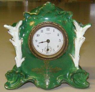 Antique Haven Boudoir Miniature Clock Gilded Green Porcelain,  Runs Well