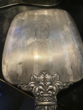 Vtg Mcm Art Deco Marked Sterling Silver Hand Held Mirror Vanity Dresser Antique