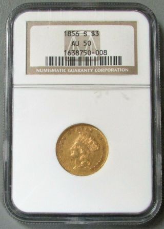 1856 S Usa $3 Dollar Indian Princess Head Gold Coin Ngc About Unc 50 Low Mintage