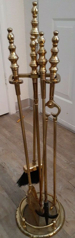 Vintage Antique Polished Brass 4 Piece Fireplace Tool Set With Stand
