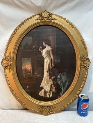 Vtg 1920’s? Woman Bride Roses Fireplace Glow Barbola Flower Shell Oval Frame