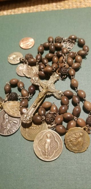 Antique Nuns Old Rosary Cross Saints St.  Medallions Vintage Brown Beads