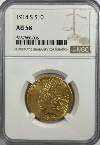 1914 S $10.  00 Gold Indian Ngc Au - 58 10802