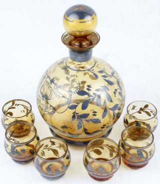 Italian Antique Venetian Yellow Blown Glass Decanter 6 Glasses Silver Overlay