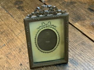 Antique French Art Nouveau Brass Miniature Picture Frame With Bow
