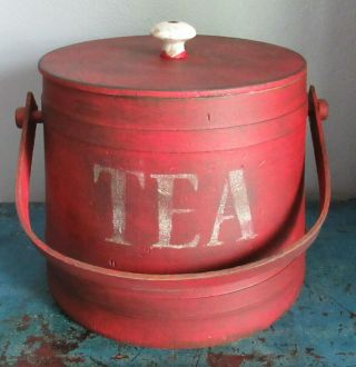 7 1/8 " - Vintage Firkin/sugar Bucket/wooden Red Paint - Primitive Spice - Shaker