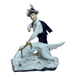 Antique Czech Royal Dux Porcelain Figurine Boy With Dog Hunting 14 " Tall