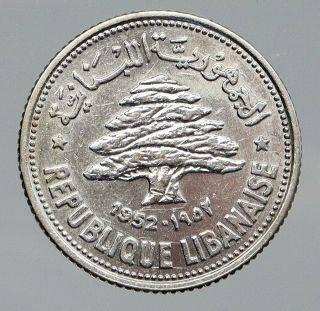 1952 Lebanon Cedar Tree Wreath Antique Silver 50 Piastres Coin I92669