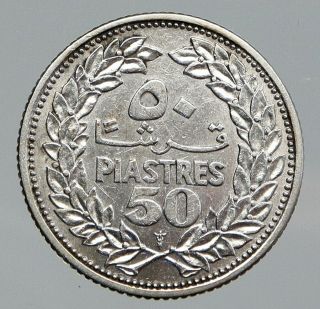 1952 LEBANON Cedar Tree Wreath Antique Silver 50 Piastres Coin i92669 2