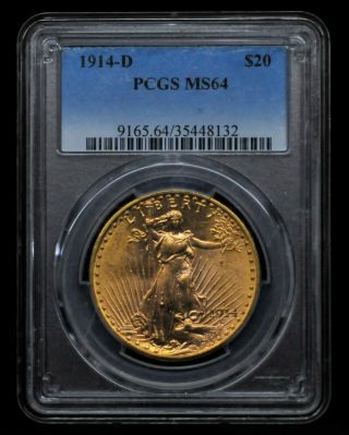 1914 - D Pcgs Ms64 $20 Gold Saint Gaudens Double Eagle [051dud]