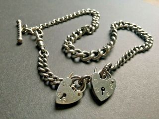 Antique Heavy Sterling Silver Chain Necklace With Double Heart Padlocks
