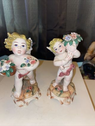 Antique Capodimonte Italian Porcelain Figural Cherub Set Of 2 Italy 5”