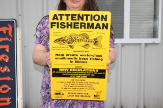 Vintage Attention Fishermen Smallmouth Bass Illinois Fishing Regulation 20 " Sign