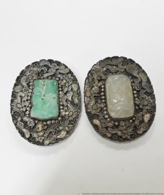 Set Of 2 Antique Chinese Sliver Clips With Unusual Jade Carvings Heavy 30.  2g