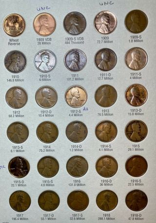 Complete 1909 To 1940 Lincoln Set With 5 UNC and 1 AU Coins.  No 1922 - P. 2