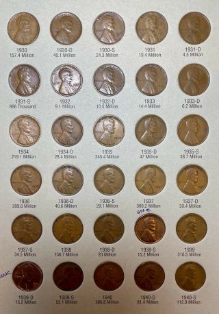 Complete 1909 To 1940 Lincoln Set With 5 UNC and 1 AU Coins.  No 1922 - P. 3