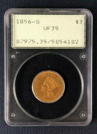 1856 - S Gold 3 Dollar " Indian Head ".  Vf 35 Certified (old Green Slab)