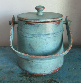 5 1/16 " - Vintage Firkin/sugar Bucket/wooden Blue Paint - Primitive Spice - Shaker