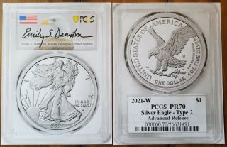 2021 W Silver Eagle Type 2 Pr70 Advance Release Emily Damstra Signed Ogp