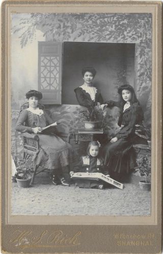 Cabinet Card Late 19th C?.  3 Young Women And A Girl H.  S.  Rich Shanghai