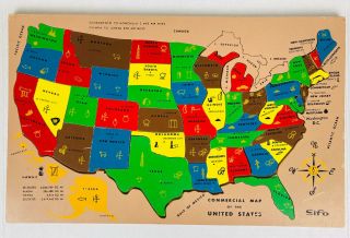 Sifo Vintage Commercial United States Wooden Jigsaw Puzzle Map Usa Complete All